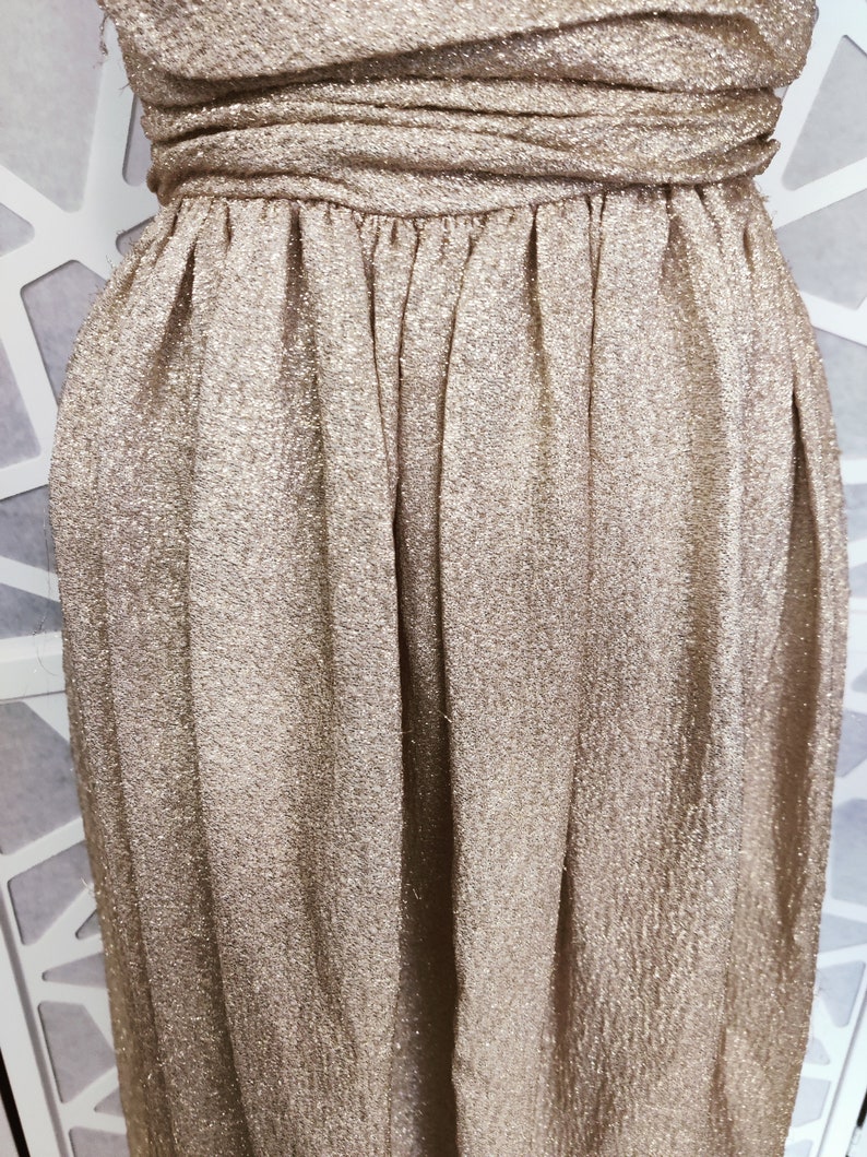 Gold Lurex Thread 1960s Ball Gown Rouched Bodice Gathered Ankle Length