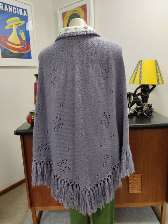 Muted lilac and white fringed poncho cape acrylic… - image 9