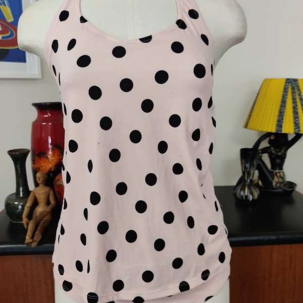 Maternity two piece pink black spot halter neck vintage style medium size