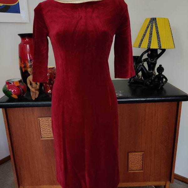1980s figure hugging rusty red velour velvet stretch gold trim and buttons mini length bust 86cm 34inch waist 72cm 28inch