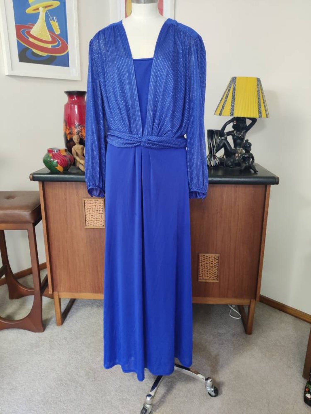 1970s Royal Blue Verena Modelle Long Length Hostess Dress Gold Lurex ...