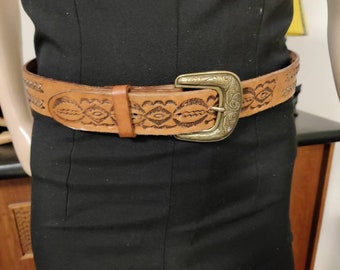Mens tan leather tooled belt with large eagle on the back 34inch