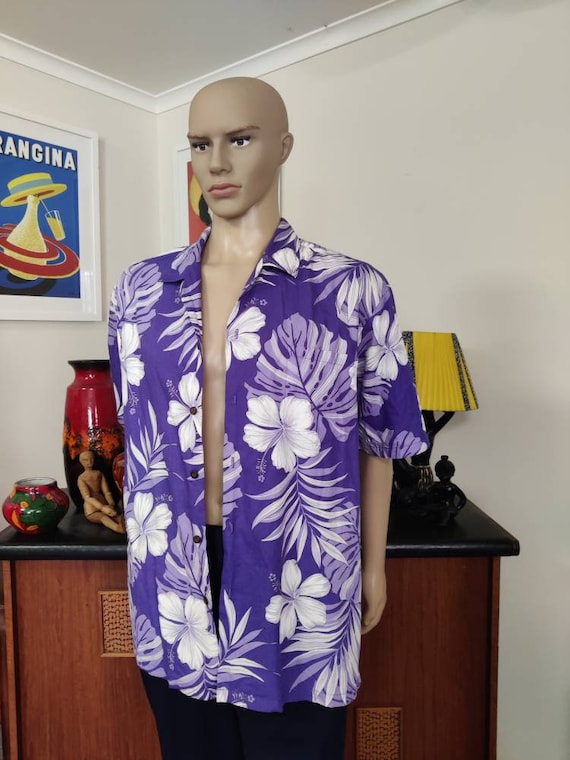 New Era【送料込】HAWAIIAN SHIRT WHITE/PURPLE C90-A9936 (Pastel purple leaf), Men 100% Cotton Aloha Shirt
