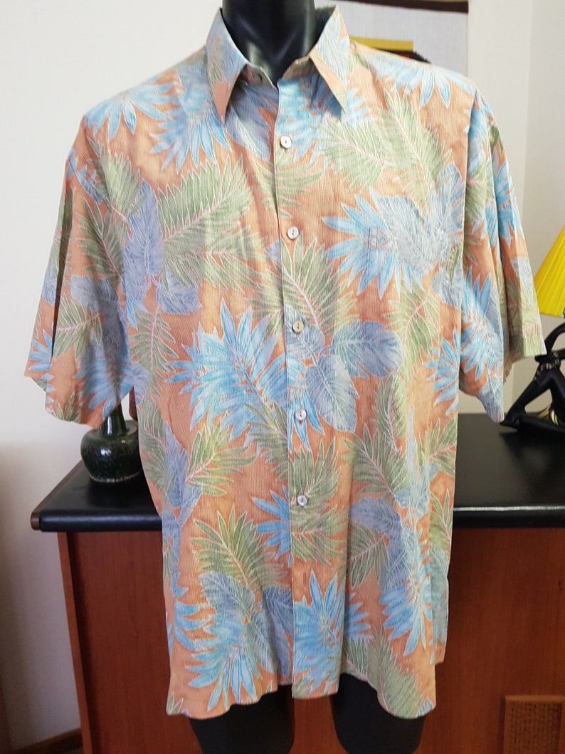 Tori Richards Hawaiian mens shirt palm print peach blue green | Etsy