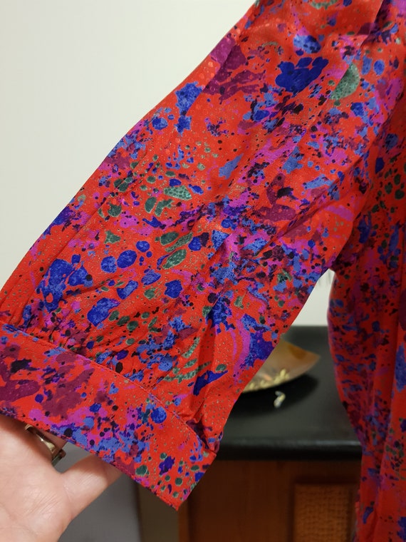 1980s red blue and green splatter dress padded sh… - image 4