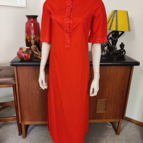 Midi length night gown red short sleeves button to waist Acorn label small size bust 96cm 38inch