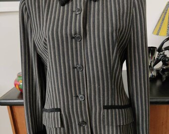 Black grey stripe blazer jacket Adele Palmer 1980s crush velvet collar and trim bust size 12 bust 100cm 39inch