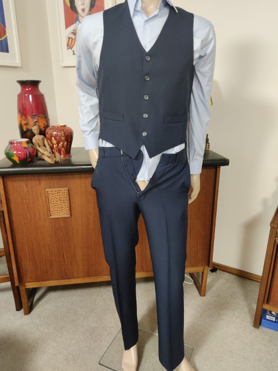 Navy Blue 80s Made in Korea Polyester Three Piece Suit Extra