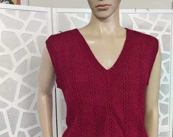 maroon hand knit wool vest cable front sleeveless medium size chest 106cm 42inch
