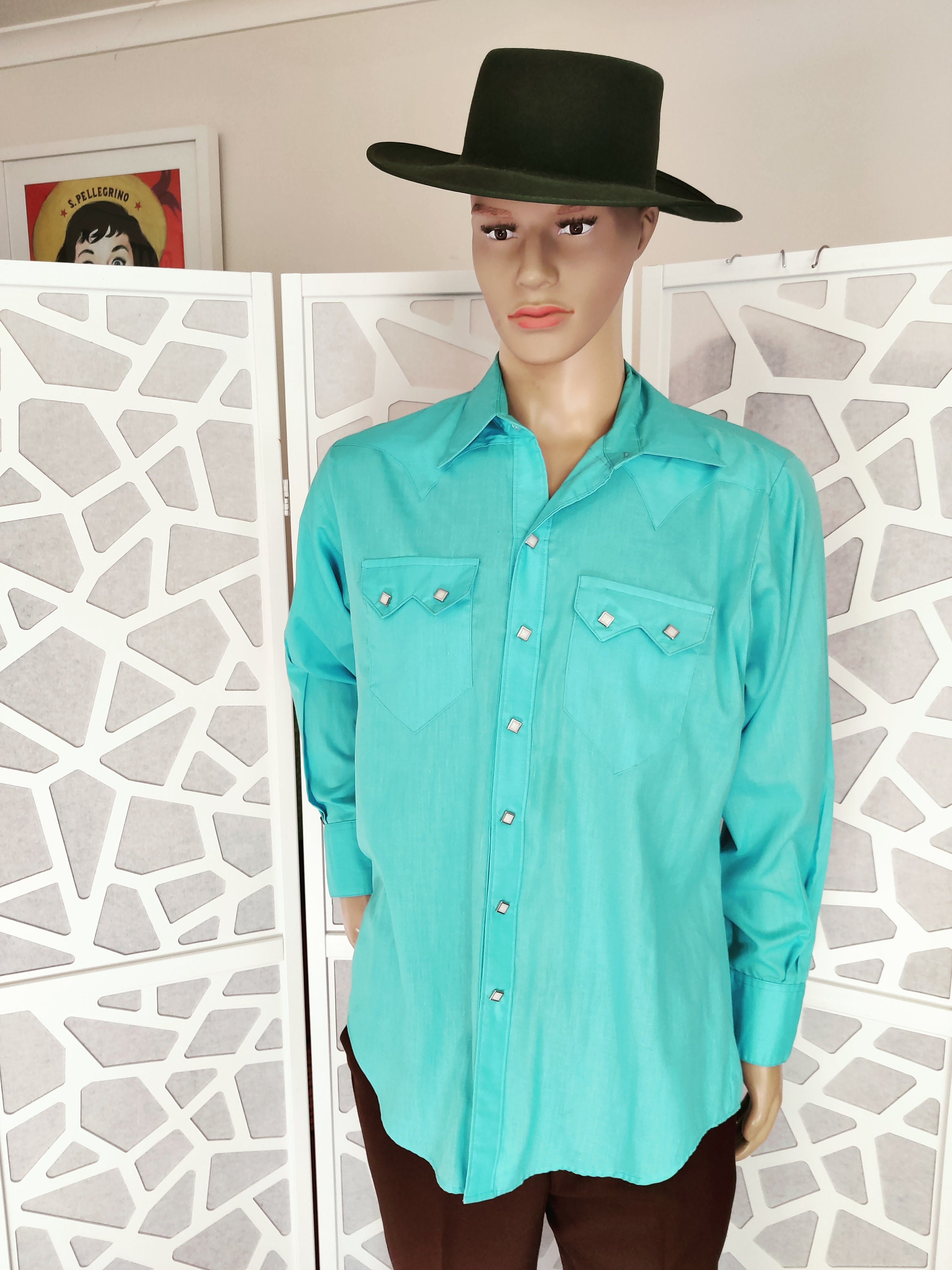 US Label Rockmount Aqua Long Sleeve Western Shirt Diamond Shape