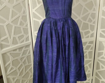 1980s royal blue Thai silk cocktail dress small bust 82cm 32inch waist 66cm 26inch