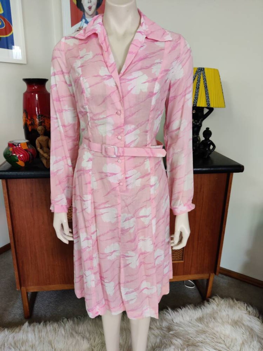 Pretty New Old Stock Lyndal Label Pink White Shirt Dress Knee