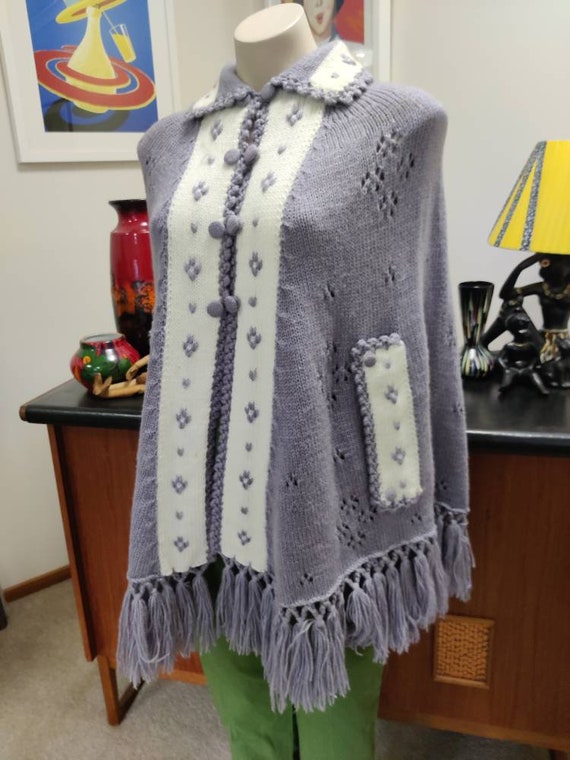Muted lilac and white fringed poncho cape acrylic… - image 1