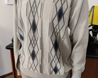 Mens Falati label wool machine knit taupe diamond pattern V neck large chest 116cm 46inch