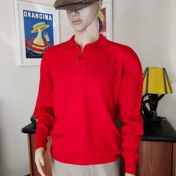 Mens bright red polo style collar fine machine knit large chest 128cm 50inch