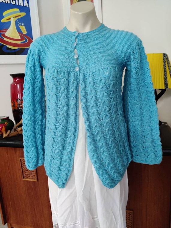 Hand knit bed jacket soft sweet aqua baby wool bel