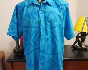 Camicia da uomo a maniche corte con stampa blu medio e scuro Tahiti, taglia grande extra large, torace 128 cm