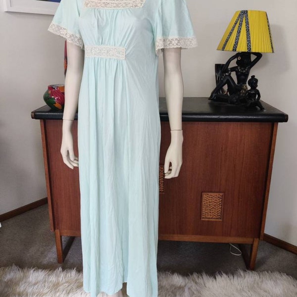 Beautiful 1950s Olga lingerie nylon aqua and ecru lace night gown flutter sleeve ankle length small medium bust 36inch B cup