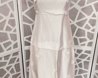 beautiful feminine rayon 60s palest pastel pink dress empire line daisy appliques bow back small size bust 86cm 34inch