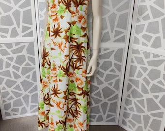 Hawaiian Pomare label maxi waterfall dress apricot lime brown medium bust 100cm 40inch