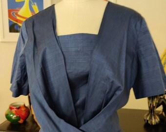 Three Star Label 1950s Egyptian Cotton Navy Day Dress Draped