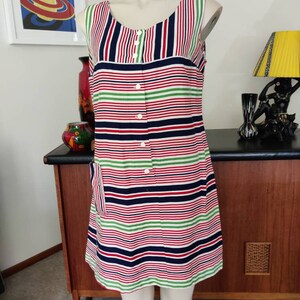 1960s cotton stripe shift dress navy green red white pocket 1960s bust 102cm