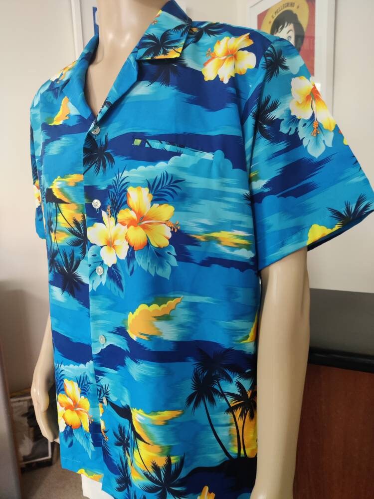 blue and yellow hawaiian shirt