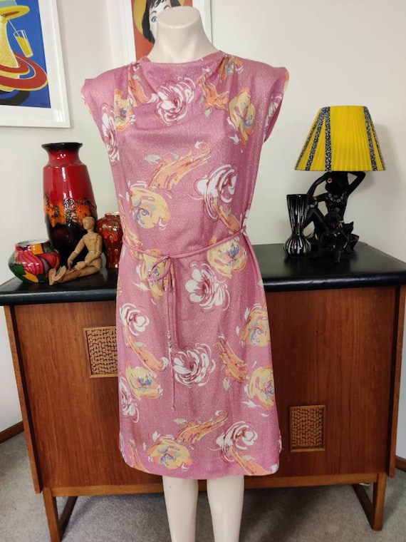 Osti Champagne Label Pink Patterned Lurex Slip Dress Tie Belt Small Medium  Bust 102cm 40inch