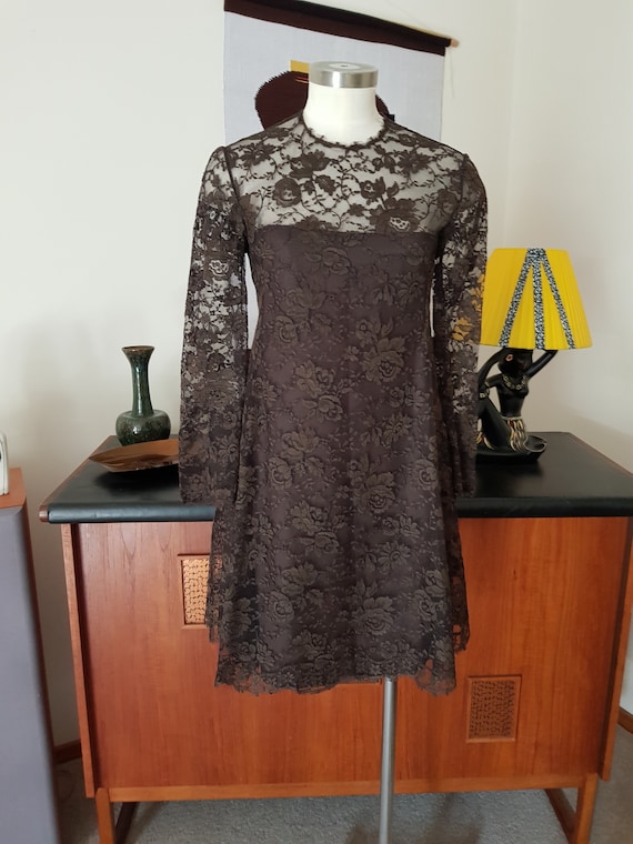 Very short mini dress brown lace sheer long sleeve