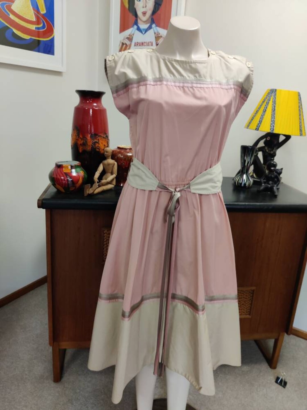 Cliche 1980s Poly Cotton Luncheon Dress Camel Pink Sash Belt Bust