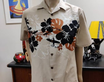 Hilo Hattie Hawaiian cotton shirt cream black rust hibiscus surfers medium chest 118cm