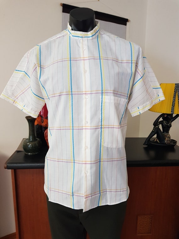 Crisp White Cotton Window Pane Check Short Sleeve Mens Shirt Cuban