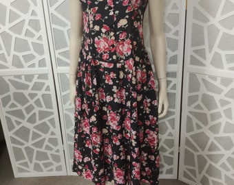 1970s Laura Ashley cotton black raspberry floral cutaway shoulders midi length