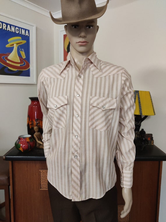 Western shirt Bronco label US peach brown stripe … - image 1