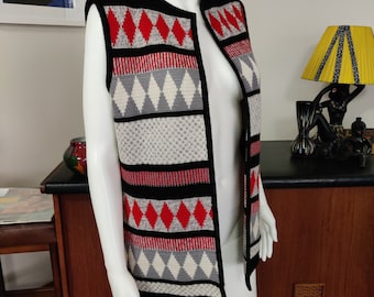 Joan Strick Hong Kong made 70er Jahre Qualität grau schwarz rot offene Front Weste Wolle kleine Oberweite 96 cm 38 Zoll