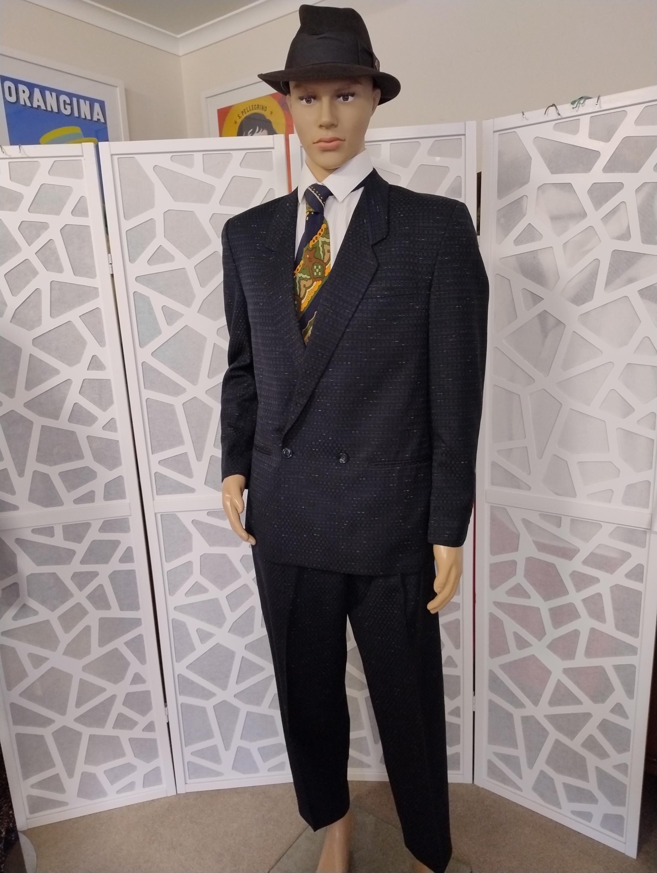 David Frieze Mens Suit 1980s Black Patterned Well-known Suitmaker