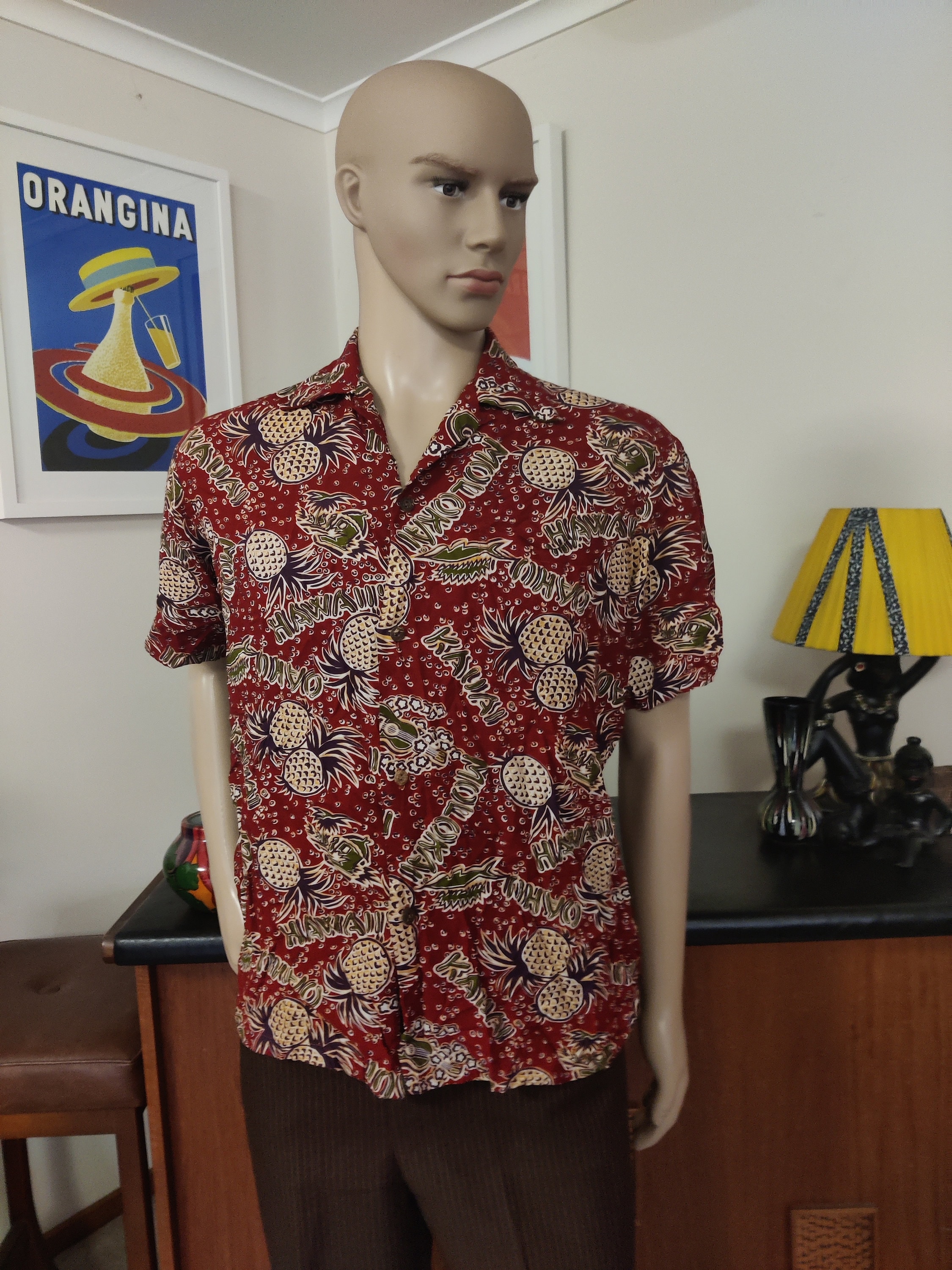Pineapple Label Hawaiian Shirt Cherry Red Pineapple Print Small