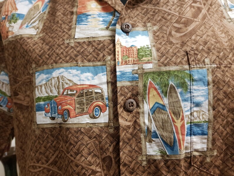 Mens brown Hawaiian shirt Bishop st apparel label surfboards diamond head woody wagon medium size