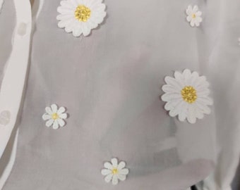 Romantic Style Sheer White Blouse Daisy Applique Ruffle Neck