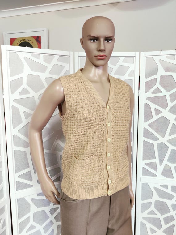 pale caramel hand knit vest button front hip pockets small size chest 102cm 42inch