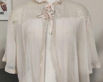 Blush and ecru lace pleated nylon 1950s bed jacket angel sleeves ribbon ties small medium size