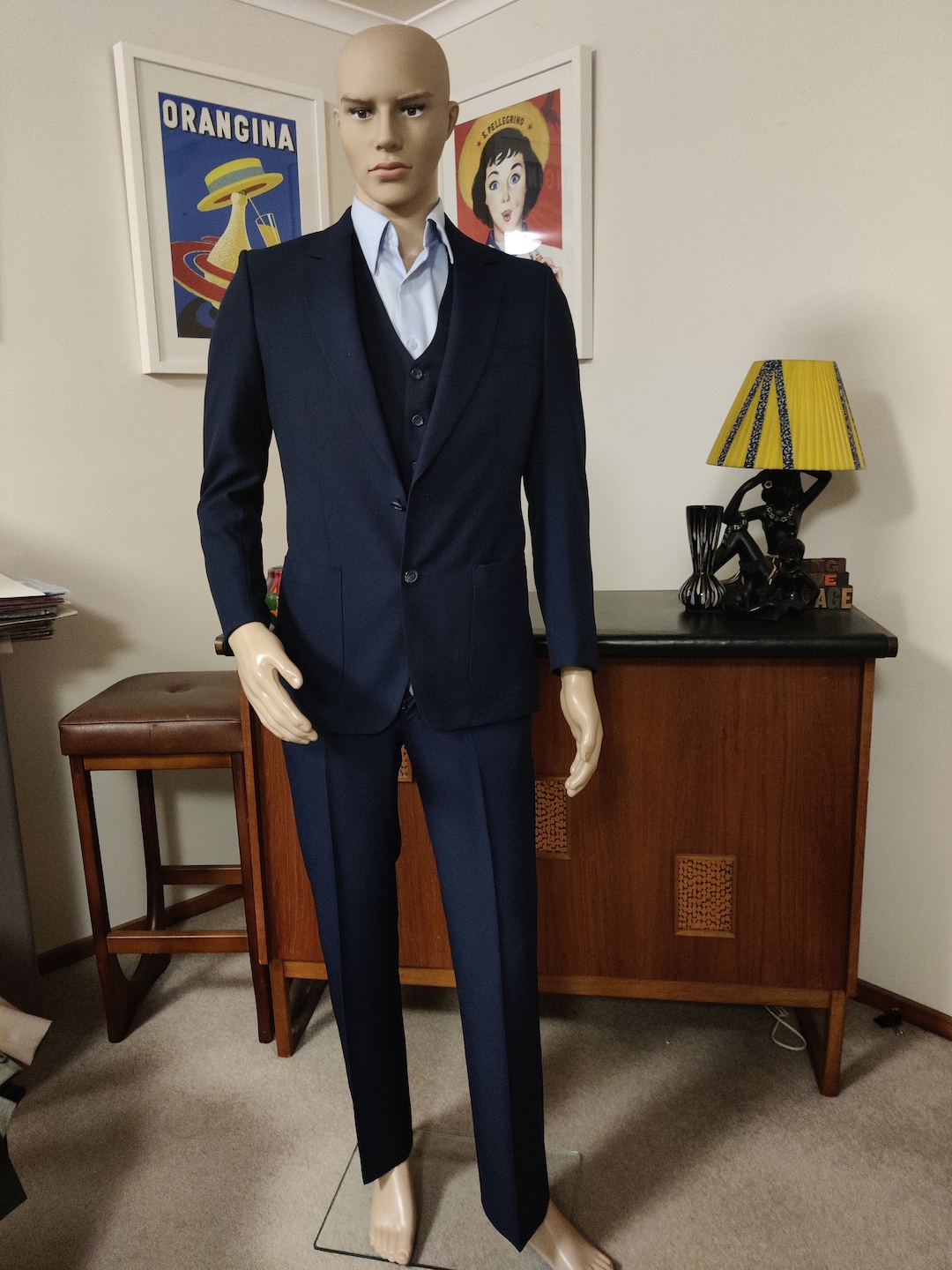 Navy Blue 80s Made in Korea Polyester Three Piece Suit Extra Small