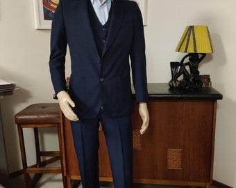 Navy Blue 80s Made in Korea Polyester Three Piece Suit Extra