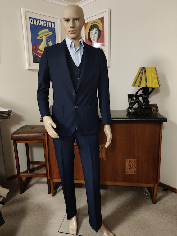 Navy Blue 80s Made in Korea Polyester Three Piece Suit Extra Small