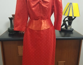 Red sain with sheer spot overlay 1980s cocktail dress and wide belt bust 100cm