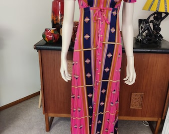 1960s Osti hot pink and navy zip front hostess gown dress small bust 82cm 32inch
