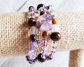 Memory wire bracelet, tiger eye/ amethyst beads, beaded bracelet, memory wire, wrapped bracelet, gift for her