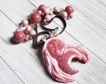 Pink gold crescent moon goddess pendant necklace, polymer clay jewelry, witchy jewelry, gift for her