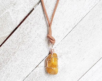 Yellow jasper stone necklace, gemstone necklace, wire wrapped pendant, wire wrapped crystal, gift for her