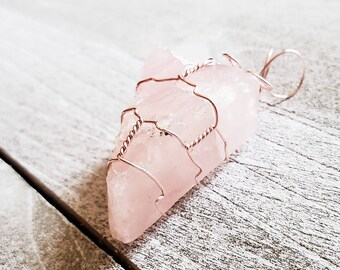 Rose quartz stone necklace, gemstone necklace, wire wrapped pendant, wire wrapped crystal, gift for her